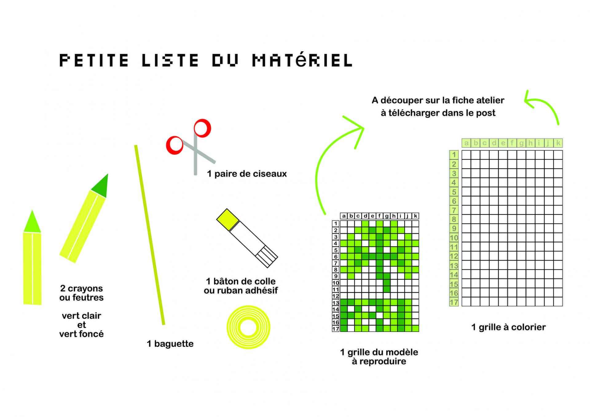 2 crayons ou feutres vert clair et vert foncé / 1 baguette / 1 paire de ciseaux / 1 bâton de colle ou ruban adhésif / 1 grille du modèle à reproduire et 1 grille à colorier, à découper sur la fiche atelier à télécharger ici